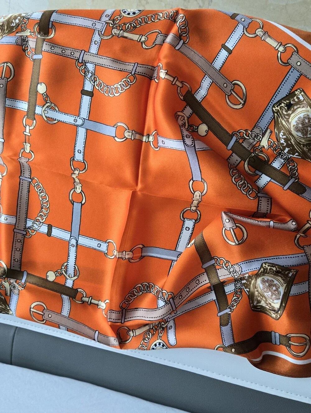 Silk Pocket Square Scarf in Vibrant Orange with Equestrian Chain Print
